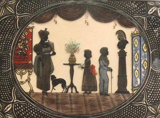 Victorian School Silhouette of an interior with mother and children and whippet overall 11.75 x 15.5in.